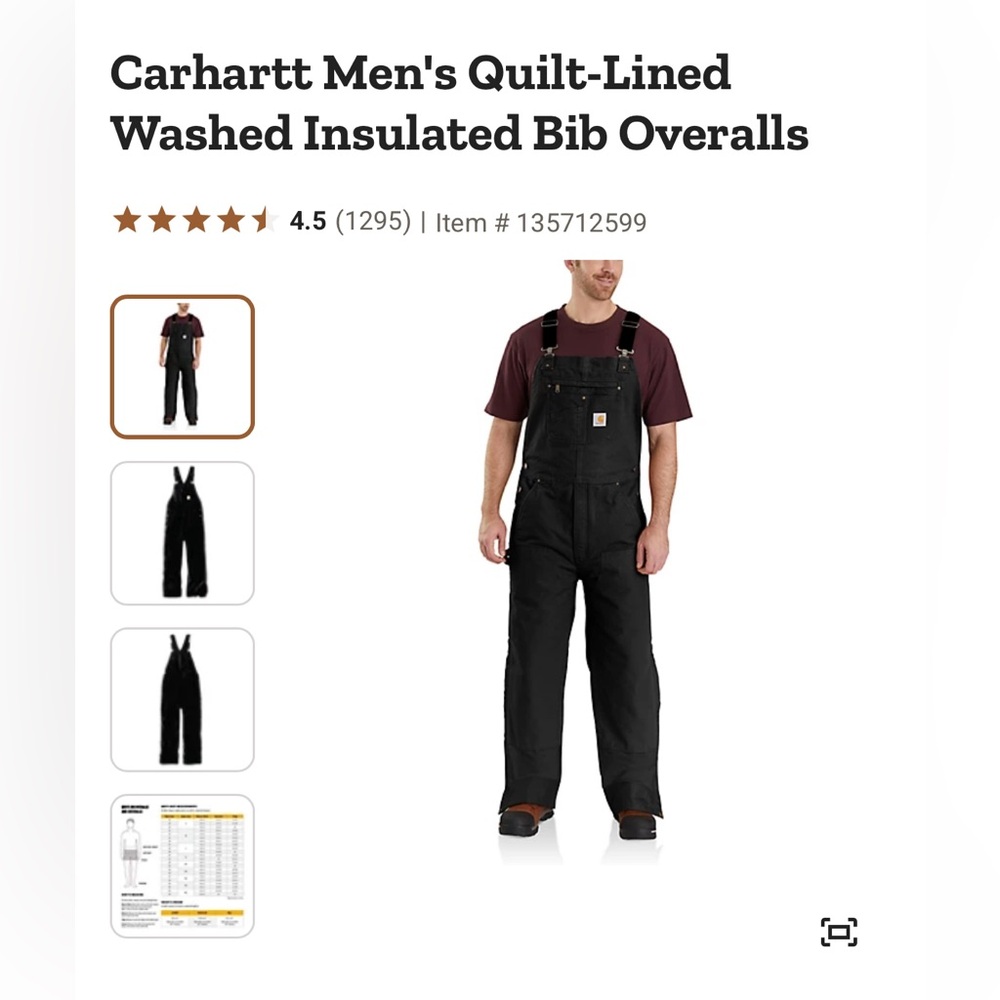 NWT Carhartt Black Insulated Quilted Bib Overalls Large Tall